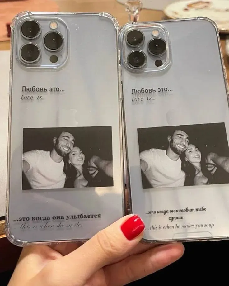 Matching phone cases with couple photo and Love is messages
