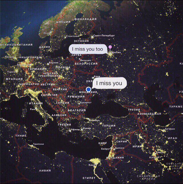 Map showing long-distance couple sending I miss you messages across countries