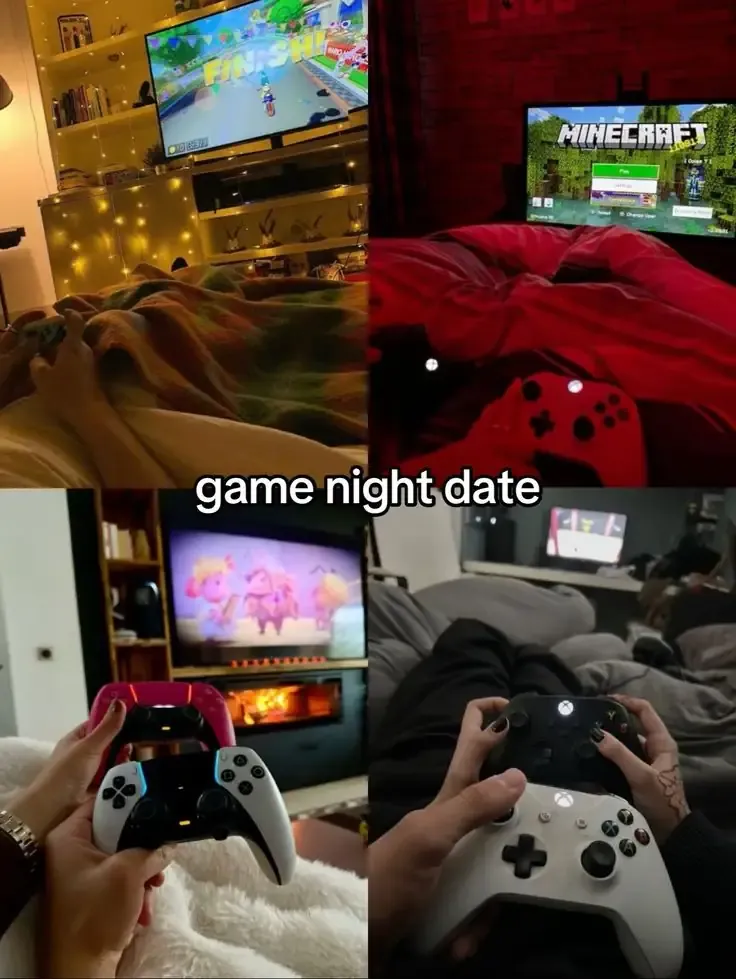 Game night date collage with Mario Kart, Minecraft, and console gaming