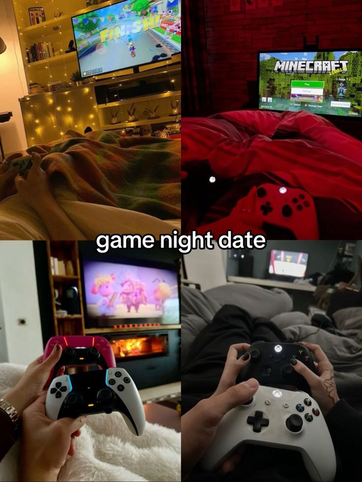 Game night date collage with Mario Kart, Minecraft, and console gaming