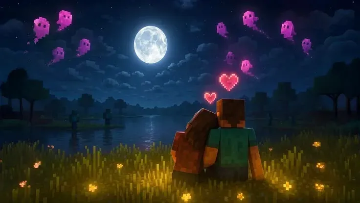 Two Minecraft characters sitting together under the moon with hearts