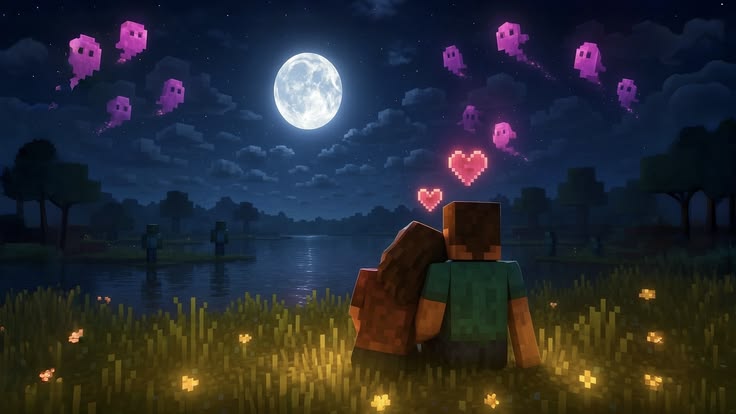 Two Minecraft characters sitting together under the moon in a shared world