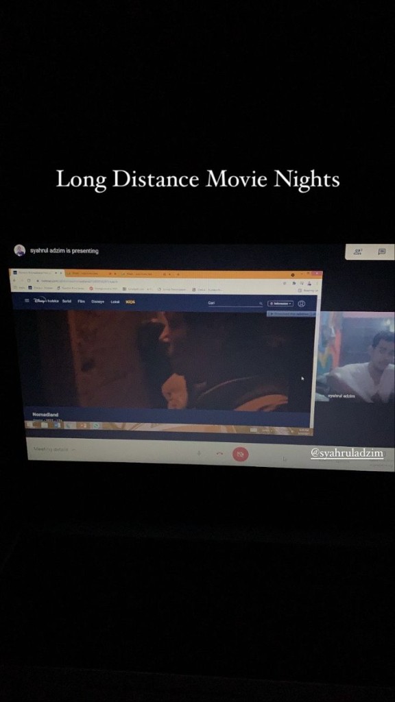 Laptop screen showing a long-distance movie night on video call with streaming