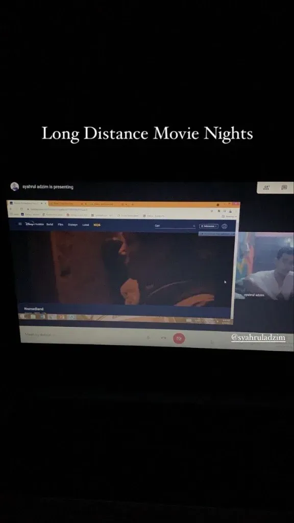 Laptop screen showing a long-distance movie night on video call with streaming