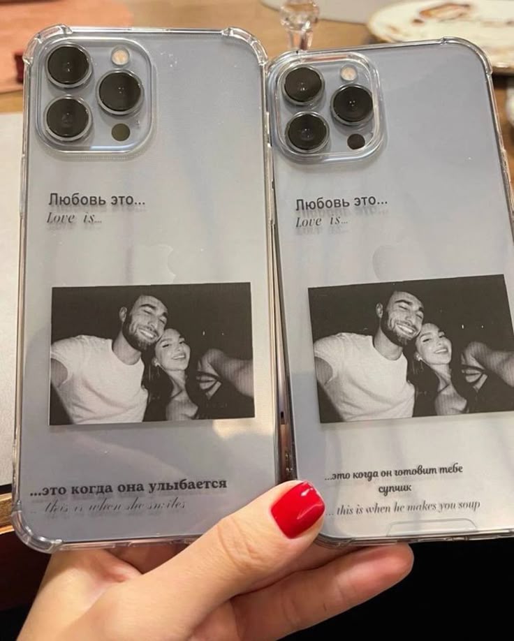 Matching phone cases with couple photo and Love is messages